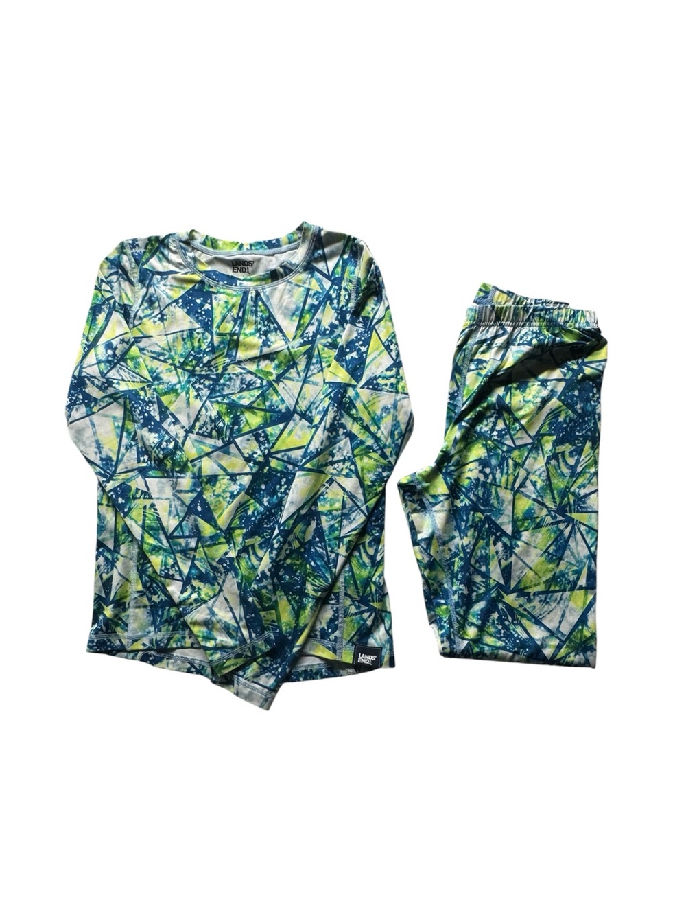 Lands’ End Kids Base Layer Set L 10-12 Blue Green Abstract Thermal Top Leggings
